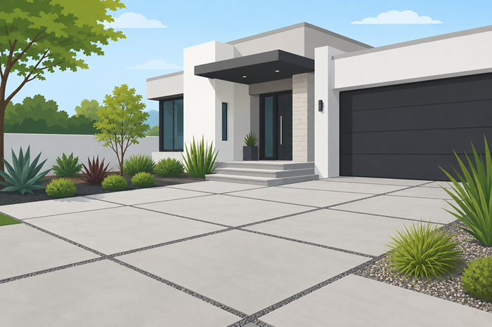 Modern Driveways With Large-Format Light Gray Concrete Slabs